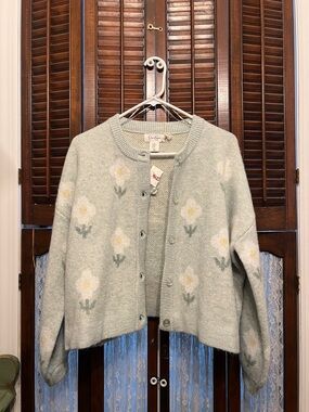 Jessica Simpson Floral Knit Cardigan Sweater - Light Sage